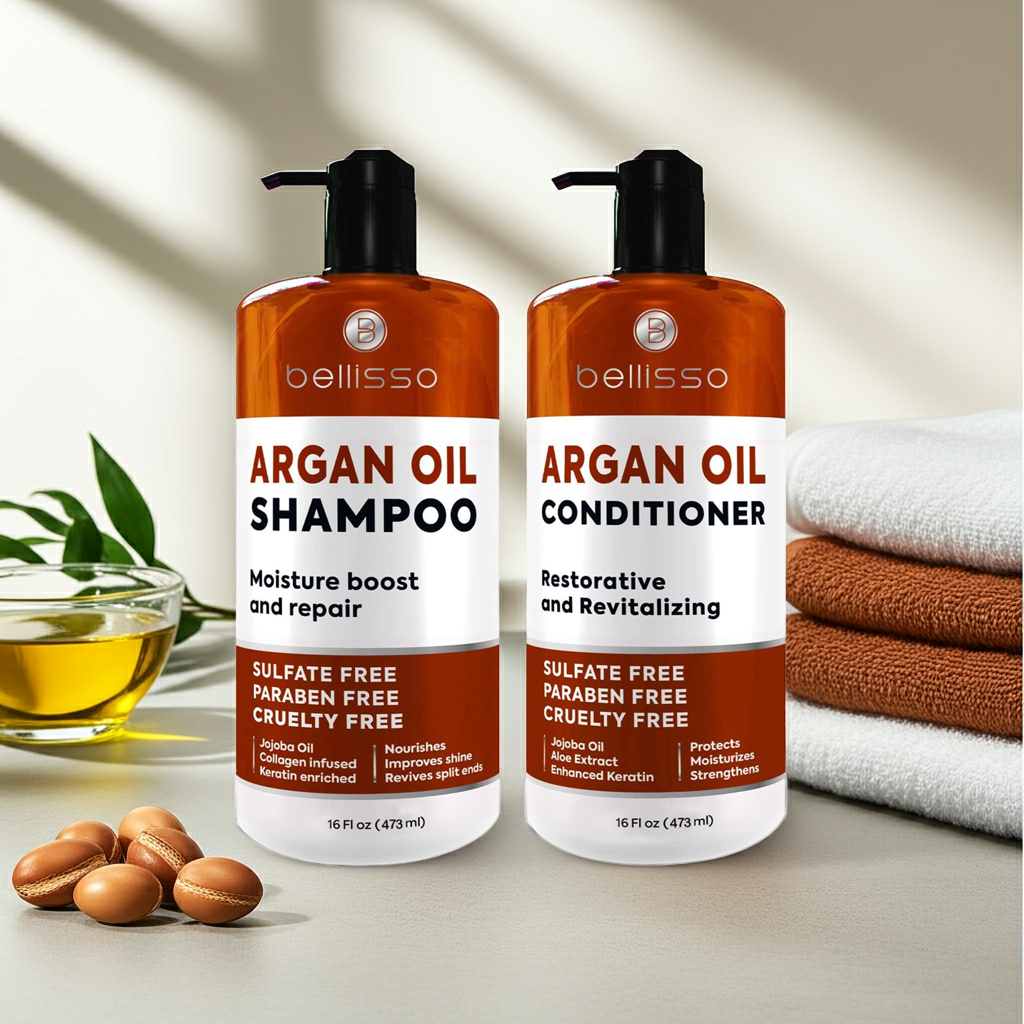 Bellisso Moroccan Argan Oil Shampoo & Conditioner – Sulfate-Free Hydrating Hair Care for Dry, Wavy & Curly Hair