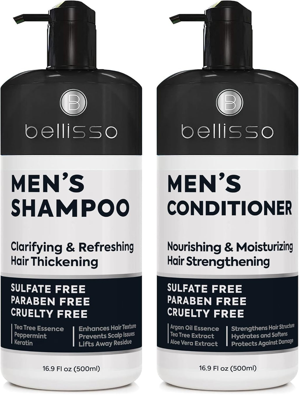Men's Sulfate-Free Shampoo and Conditioner Set - Clarifying and Moisturizing for Oily to Normal Hair - Enriched with Biotin, Keratin, Tea Tree Oil, Caffeine, and Peppermint for Dandruff Control