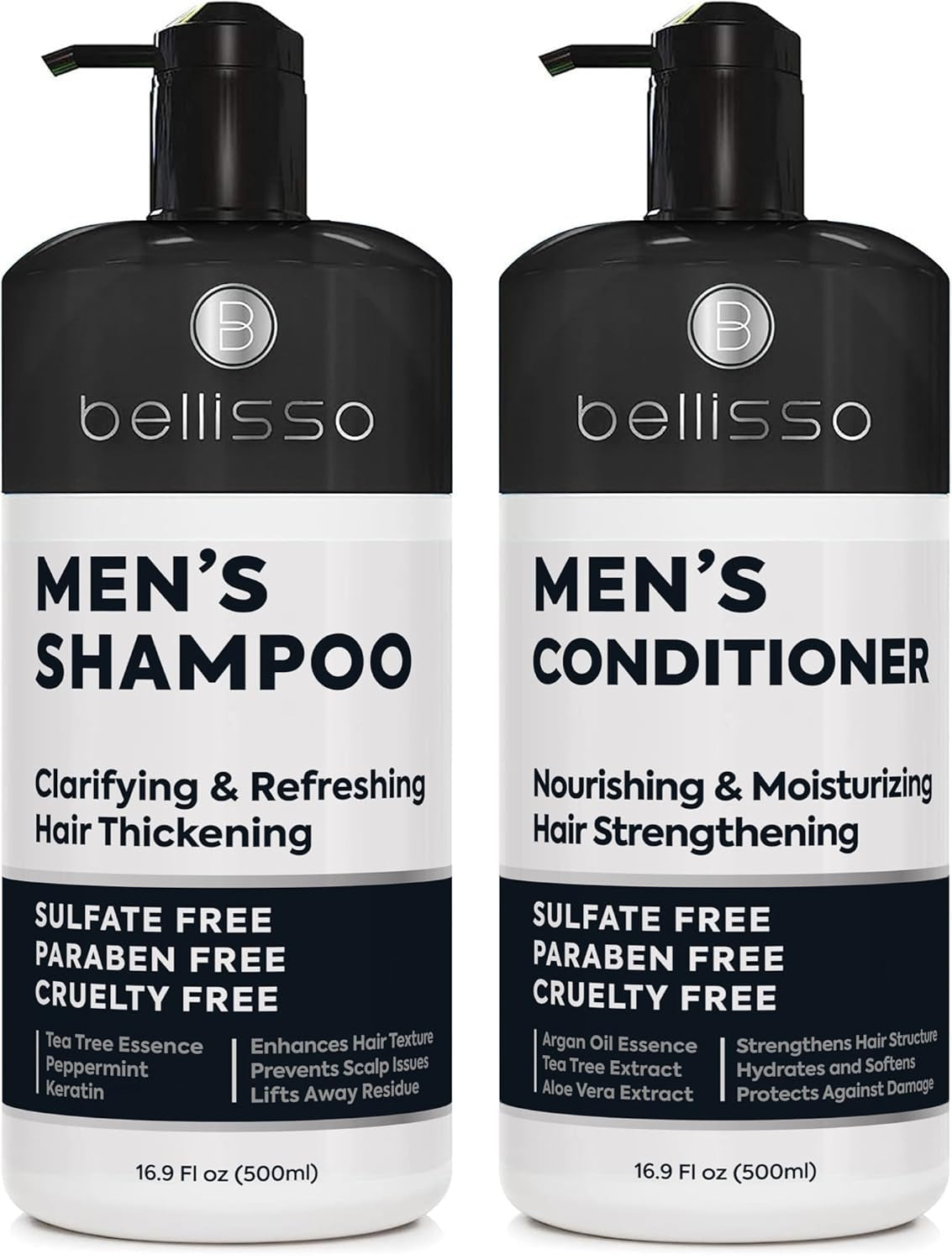 Men's Sulfate-Free Shampoo and Conditioner Set - Clarifying and Moisturizing for Oily to Normal Hair - Enriched with Biotin, Keratin, Tea Tree Oil, Caffeine, and Peppermint for Dandruff Control