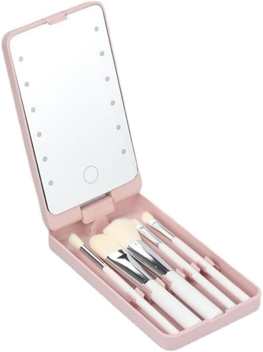 Makeup Mirror with Light, Brush & Storage Box (Pink)