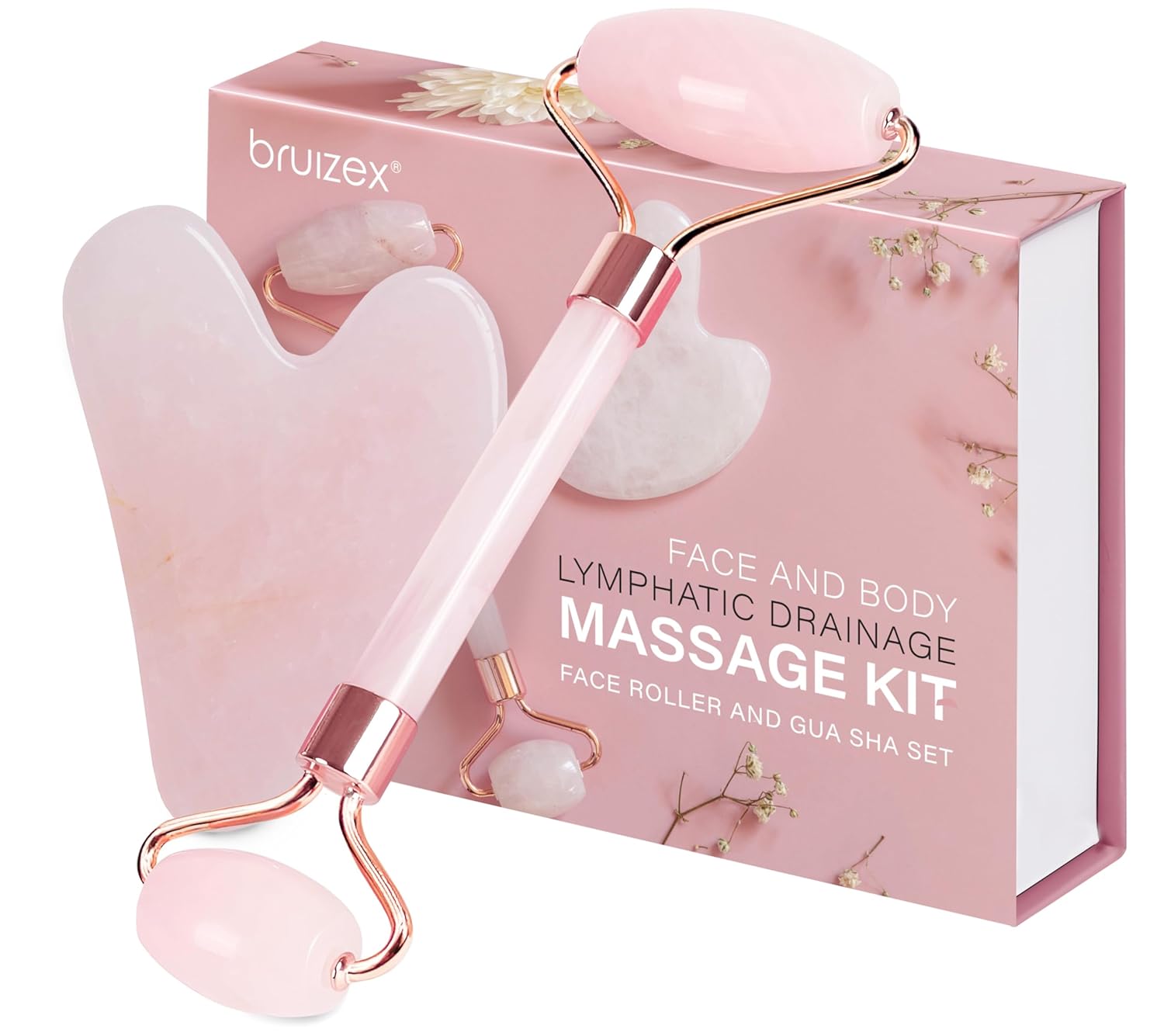 Lymphatic Drainage Face Massager Set: Rose Quartz Face Roller & Gua Sha Facial Tool for Lymphatic Massage, Muscle Tension Relief, Skin Care, for Lymphatic Massage Oil, Serum & Face Cream