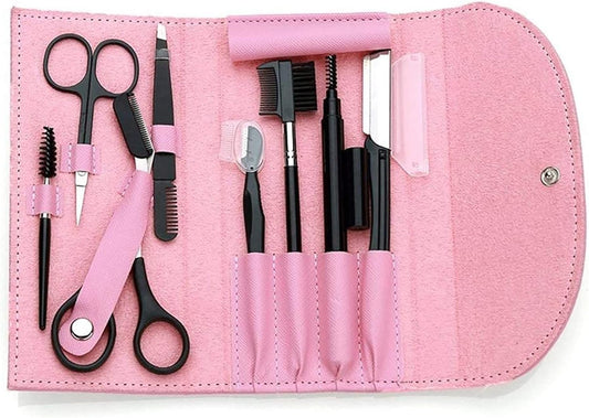 8PCS Eyebrow Shaping Kit with Scissors, Pencil, Brush & Leather Bag (Pink)