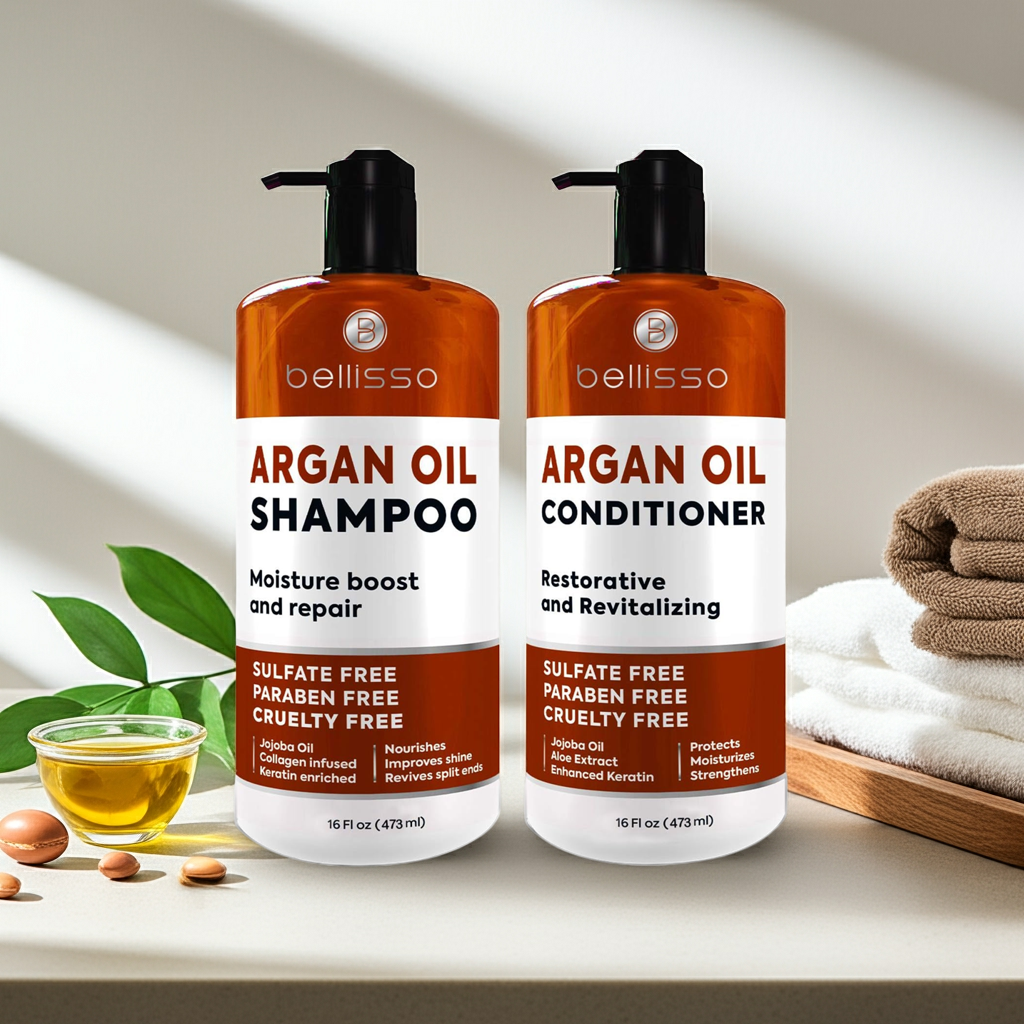 Bellisso Moroccan Argan Oil Shampoo & Conditioner – Sulfate-Free Hydrating Hair Care for Dry, Wavy & Curly Hair